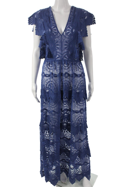 Night Cap Womens Maxi Dress Blue V-Neck Geometric Nylon Size 1