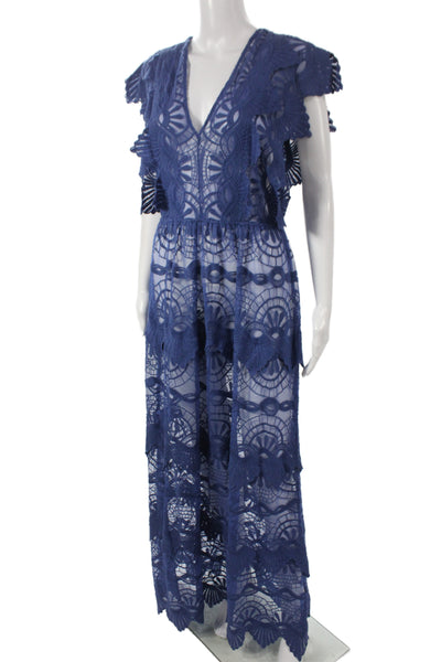 Night Cap Womens Maxi Dress Blue V-Neck Geometric Nylon Size 1