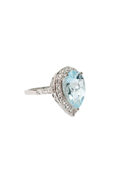 Designer Womens 10K White Gold Blue Topaz+White Topaz Cocktail Ring Sz 7.5 4.7g