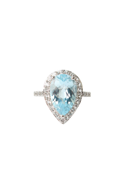 Designer Womens 10K White Gold Blue Topaz+White Topaz Cocktail Ring Sz 7.5 4.7g