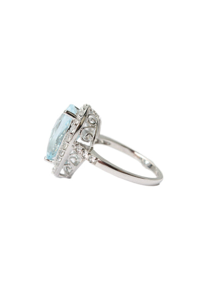 Designer Womens 10K White Gold Blue Topaz+White Topaz Cocktail Ring Sz 7.5 4.7g