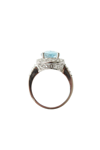 Designer Womens 10K White Gold Blue Topaz+White Topaz Cocktail Ring Sz 7.5 4.7g