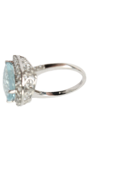 Designer Womens 10K White Gold Blue Topaz+White Topaz Cocktail Ring Sz 7.5 4.7g