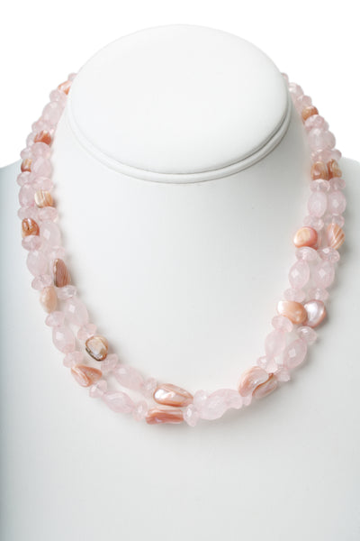 Precious Pebbles 925 Silver Rose Quartz + Pink Shell Beaded Necklace 57.5g 17"
