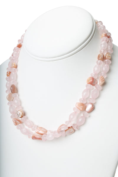 Precious Pebbles 925 Silver Rose Quartz + Pink Shell Beaded Necklace 57.5g 17"