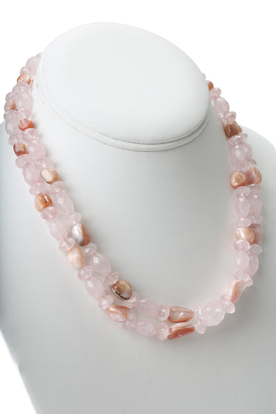 Precious Pebbles 925 Silver Rose Quartz + Pink Shell Beaded Necklace 57.5g 17"