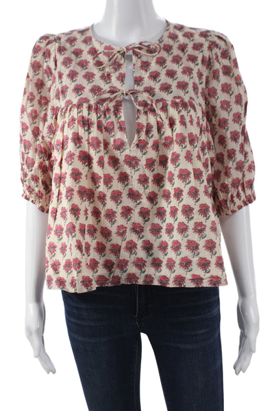 India Collection Womens Beige Floral Organic Cotton Short Sleeve Blouse Size XS