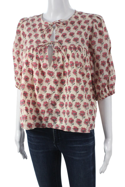 India Collection Womens Beige Floral Organic Cotton Short Sleeve Blouse Size XS