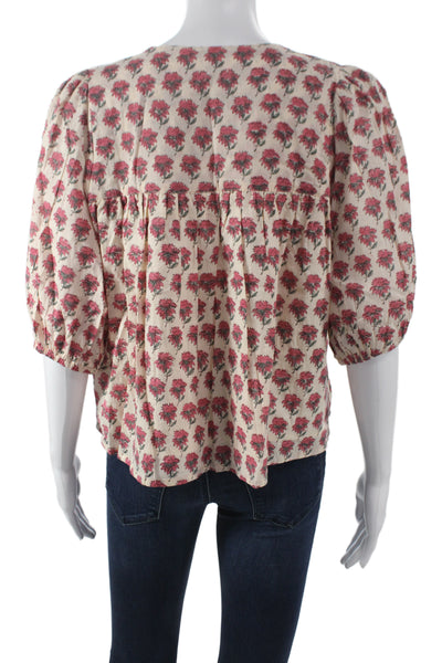 India Collection Womens Beige Floral Organic Cotton Short Sleeve Blouse Size XS