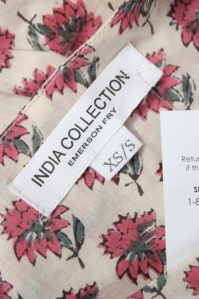 India Collection Womens Beige Floral Organic Cotton Short Sleeve Blouse Size XS