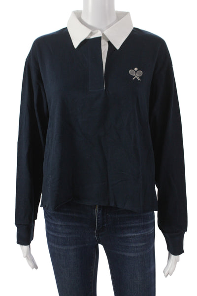 Stateside Women Cropped Polo Blue Cotton Collared Long Sleeve Size M