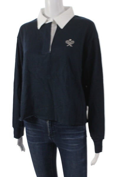 Stateside Women Cropped Polo Blue Cotton Collared Long Sleeve Size M