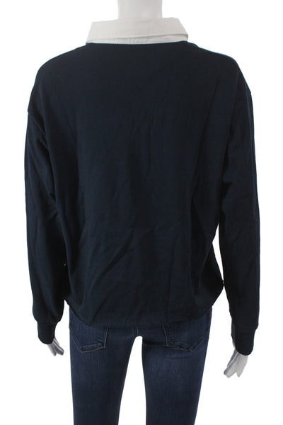 Stateside Women Cropped Polo Blue Cotton Collared Long Sleeve Size M