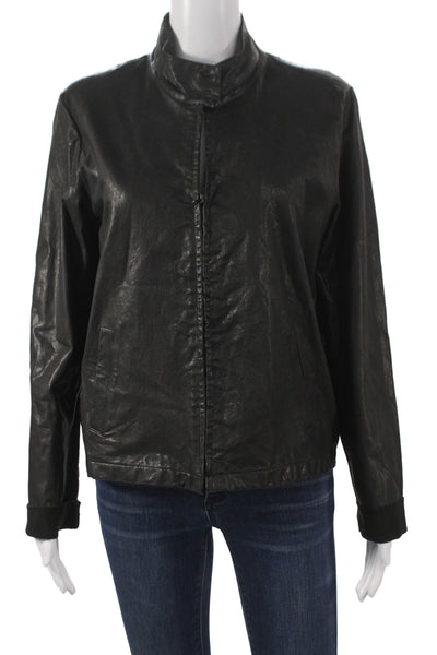 Majestic Filatures Women Bomber Jacket Leather Black Zip Long Sleeve Size 4