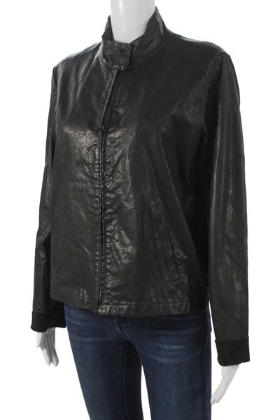 Majestic Filatures Women Bomber Jacket Leather Black Zip Long Sleeve Size 4