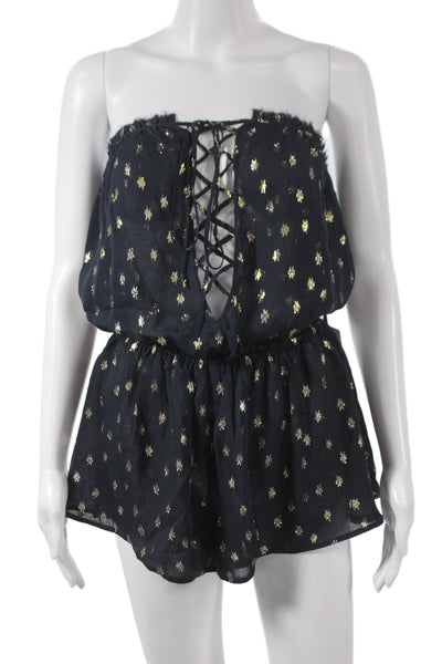 Beach Riot Women Romper Black Silk V-Neck Lace Up Sleeveless Geometric Size S
