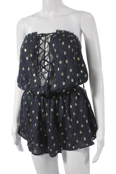 Beach Riot Women Romper Black Silk V-Neck Lace Up Sleeveless Geometric Size S