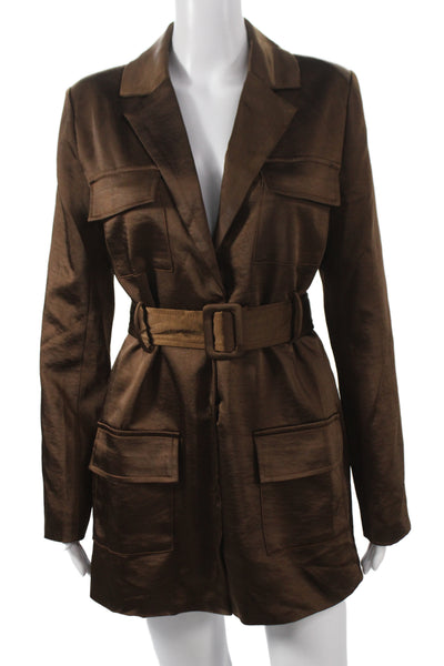 Lioness Women Military Jacket Brown Polyester Button Front Size S