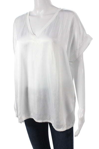 Sam & Lili Womens White V Neck Short Sleeve Basic Blouse Viscose Size L