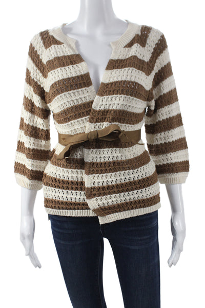 Johanna Paris Womens Brown Striped Cardigan 3/4 Sleeve 50% Cotton Size S