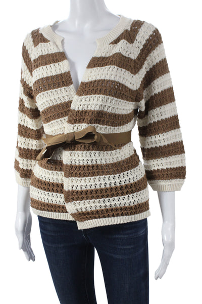 Johanna Paris Womens Brown Striped Cardigan 3/4 Sleeve 50% Cotton Size S