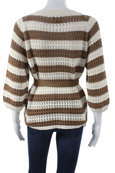 Johanna Paris Womens Brown Striped Cardigan 3/4 Sleeve 50% Cotton Size S