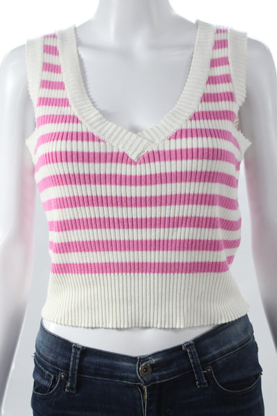 Central Park West Womens Cropped Striped V-Neck Sleeveless Tank Pink Size M