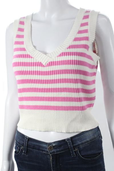 Central Park West Womens Cropped Striped V-Neck Sleeveless Tank Pink Size M