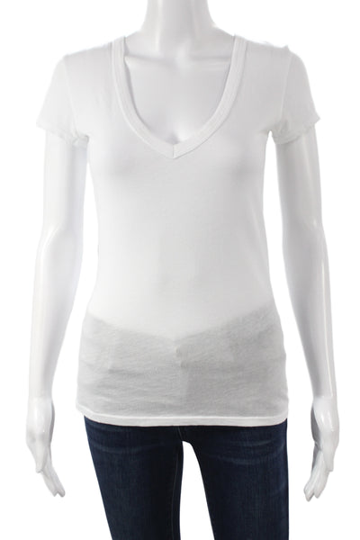 Enza Costa Women Basic Knit V Neck Short Sleeve T Shirt White Pullover Size S