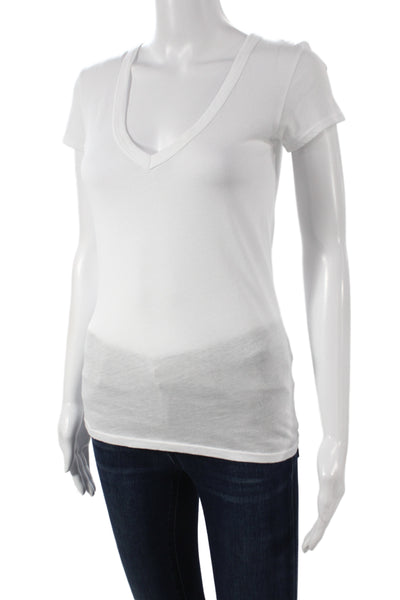 Enza Costa Women Basic Knit V Neck Short Sleeve T Shirt White Pullover Size S