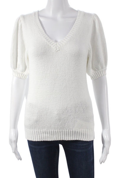 525 America Women White V-Neck Short Sleeve Pullover Sweater 100% Cotton Size S