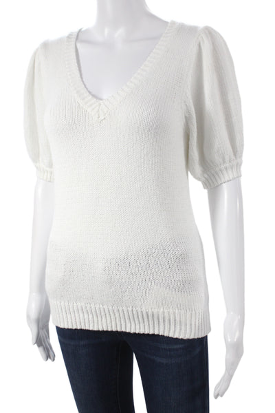 525 America Women White V-Neck Short Sleeve Pullover Sweater 100% Cotton Size S