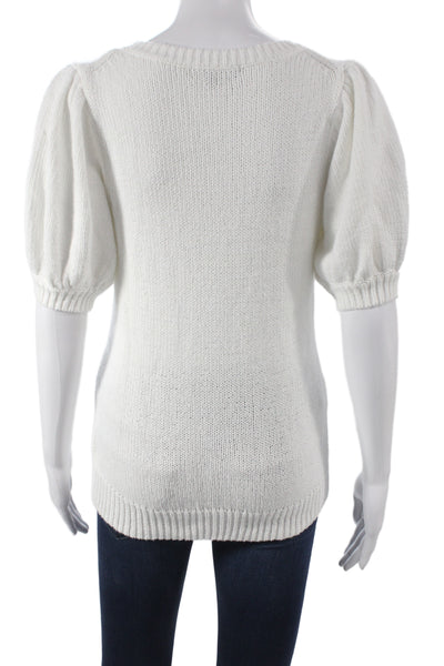 525 America Women White V-Neck Short Sleeve Pullover Sweater 100% Cotton Size S