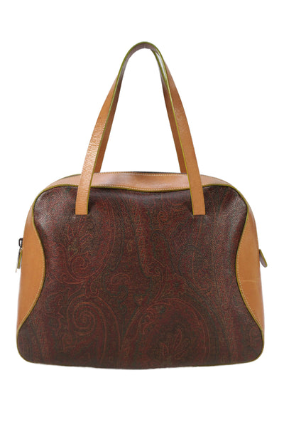 Etro Milano Womens Boston Leather Trim Paisley Print Shoulder Handbag Brown