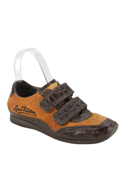 Louis Vuitton Womens Embossed Leather Suede Low-Top Sneakers Brown Size 5.5
