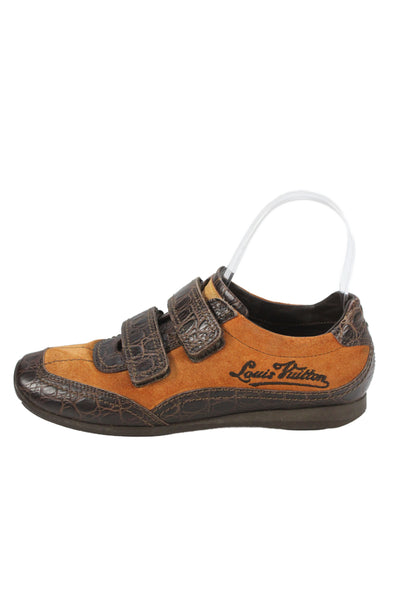 Louis Vuitton Womens Embossed Leather Suede Low-Top Sneakers Brown Size 5.5