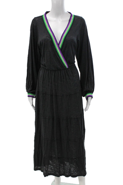 Pitusa Women Maxi Wrap Dress Black V-Neck Button Long Sleeve Pima Modal Size L