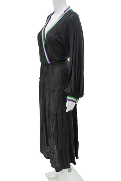 Pitusa Women Maxi Wrap Dress Black V-Neck Button Long Sleeve Pima Modal Size L