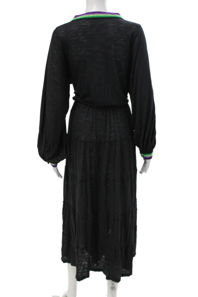 Pitusa Women Maxi Wrap Dress Black V-Neck Button Long Sleeve Pima Modal Size L