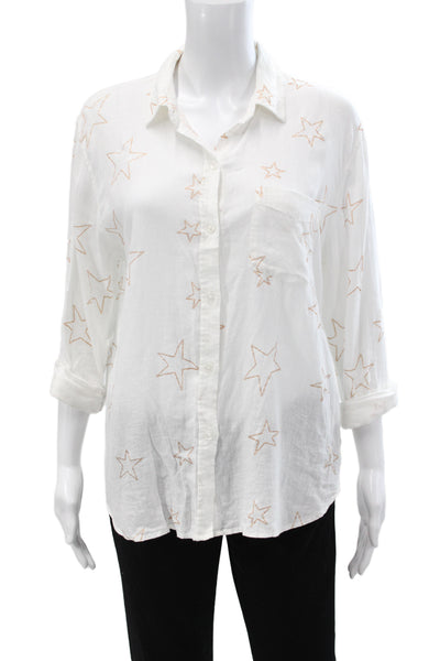 Rails Womens White Collared 3/4 Sleeve Stars Button-Up Linen Rayon Size S