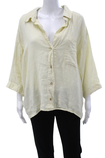 Zara Women Yellow Linen Blend Collared Button-Up Blouse 3/4 Sleeve Size M