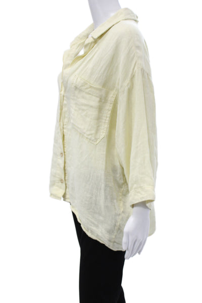 Zara Women Yellow Linen Blend Collared Button-Up Blouse 3/4 Sleeve Size M