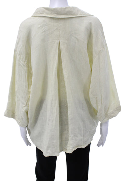 Zara Women Yellow Linen Blend Collared Button-Up Blouse 3/4 Sleeve Size M