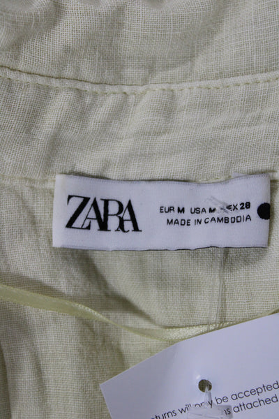 Zara Women Yellow Linen Blend Collared Button-Up Blouse 3/4 Sleeve Size M