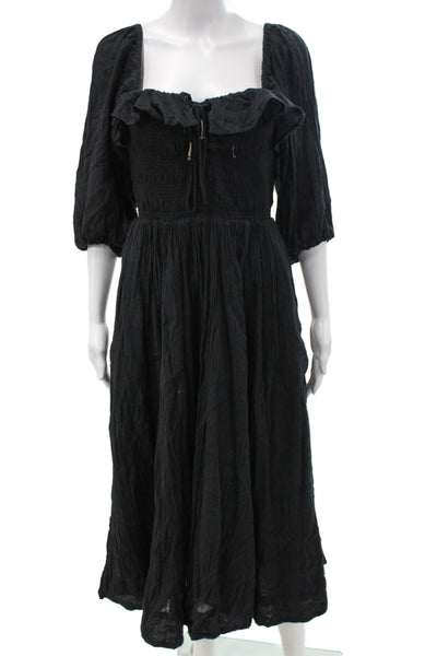 Free People Womens Maxi Dress Black Square Neck 3/4 Sleeve Cotton Size S