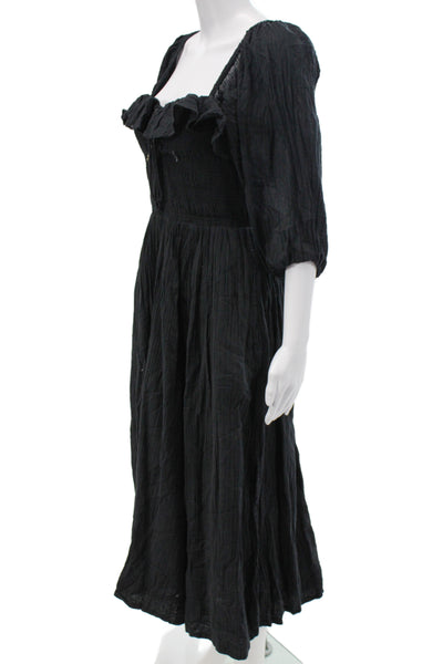 Free People Womens Maxi Dress Black Square Neck 3/4 Sleeve Cotton Size S