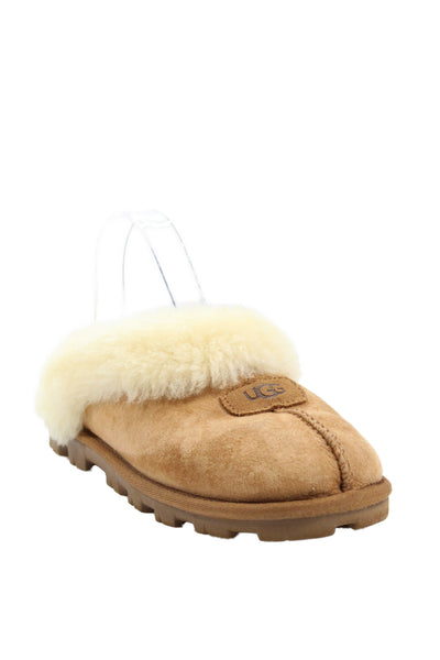Ugg Womens Suede Coquette Sheepskin Collar Slippers Brown Size 7