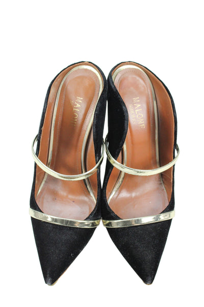Malone Souliers Womens Velvet Mule Pointed Toe Pumps Black Gold Size 38 8