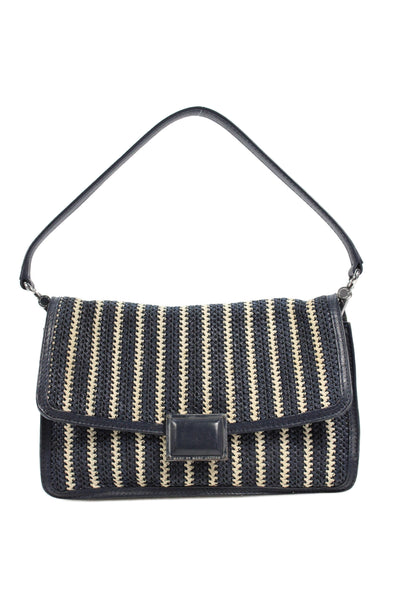 Marc By Marc Jacobs Womens Leather Trim Woven Shoulder Handbag Navy Blue White