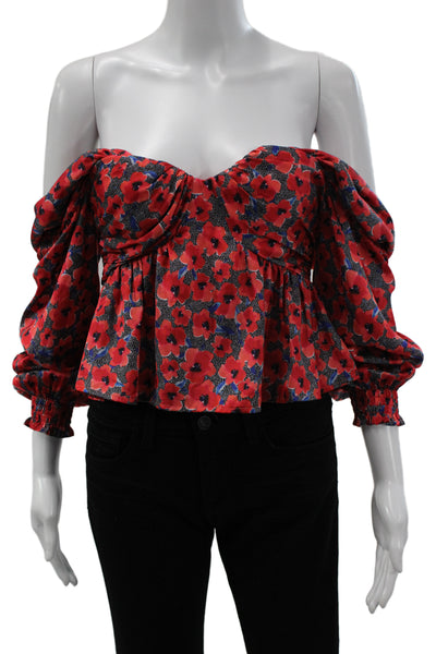 House of Harlow 1960 Womens Cropped Floral Long Sleeve Blouse Red Size XS